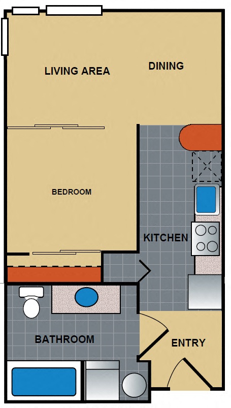 Floor plan for 1 bed, 1 bath, 539 sqft